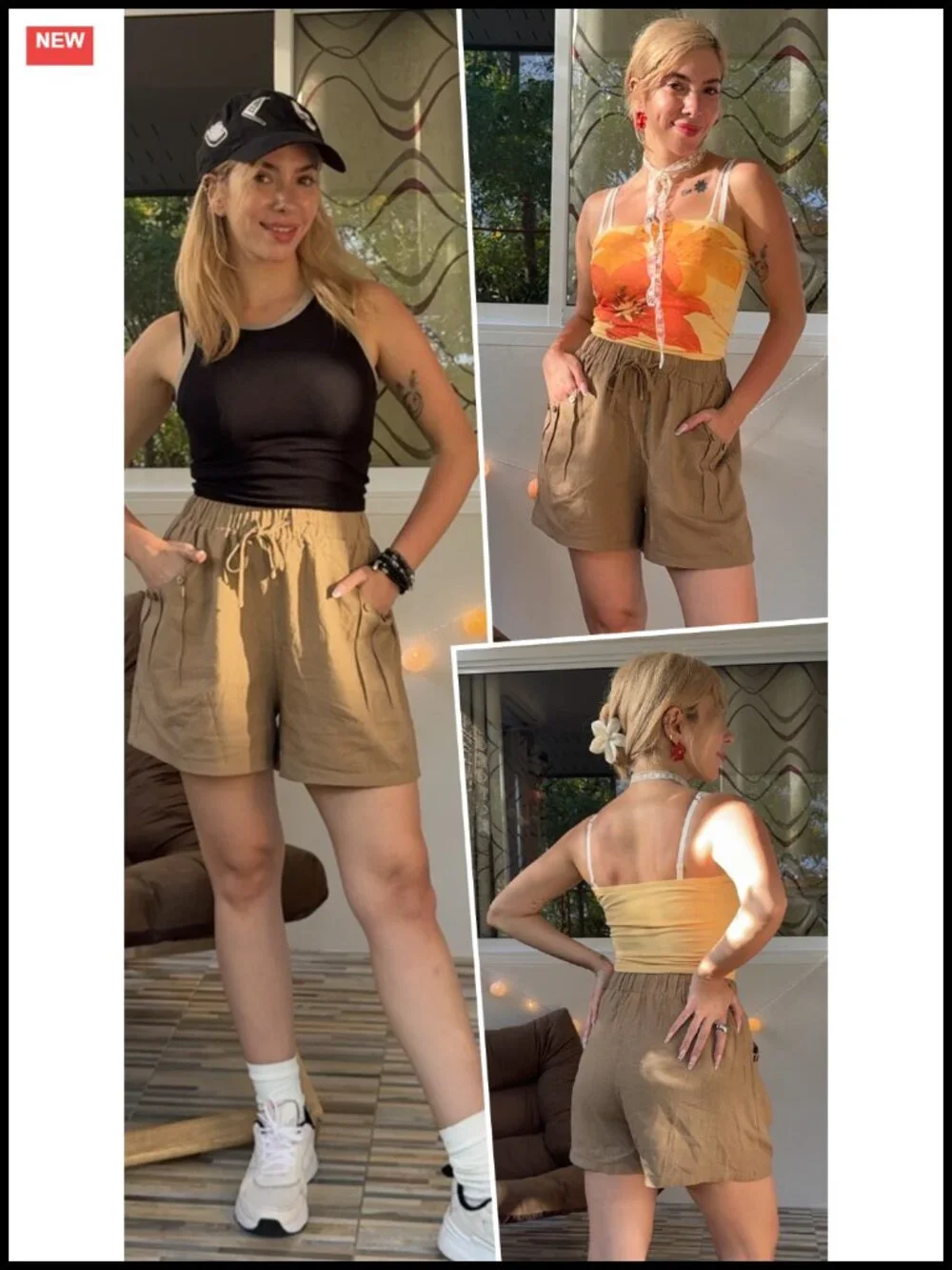 Women's Linen High Waist Wide Leg Drawstring Shorts with Pockets